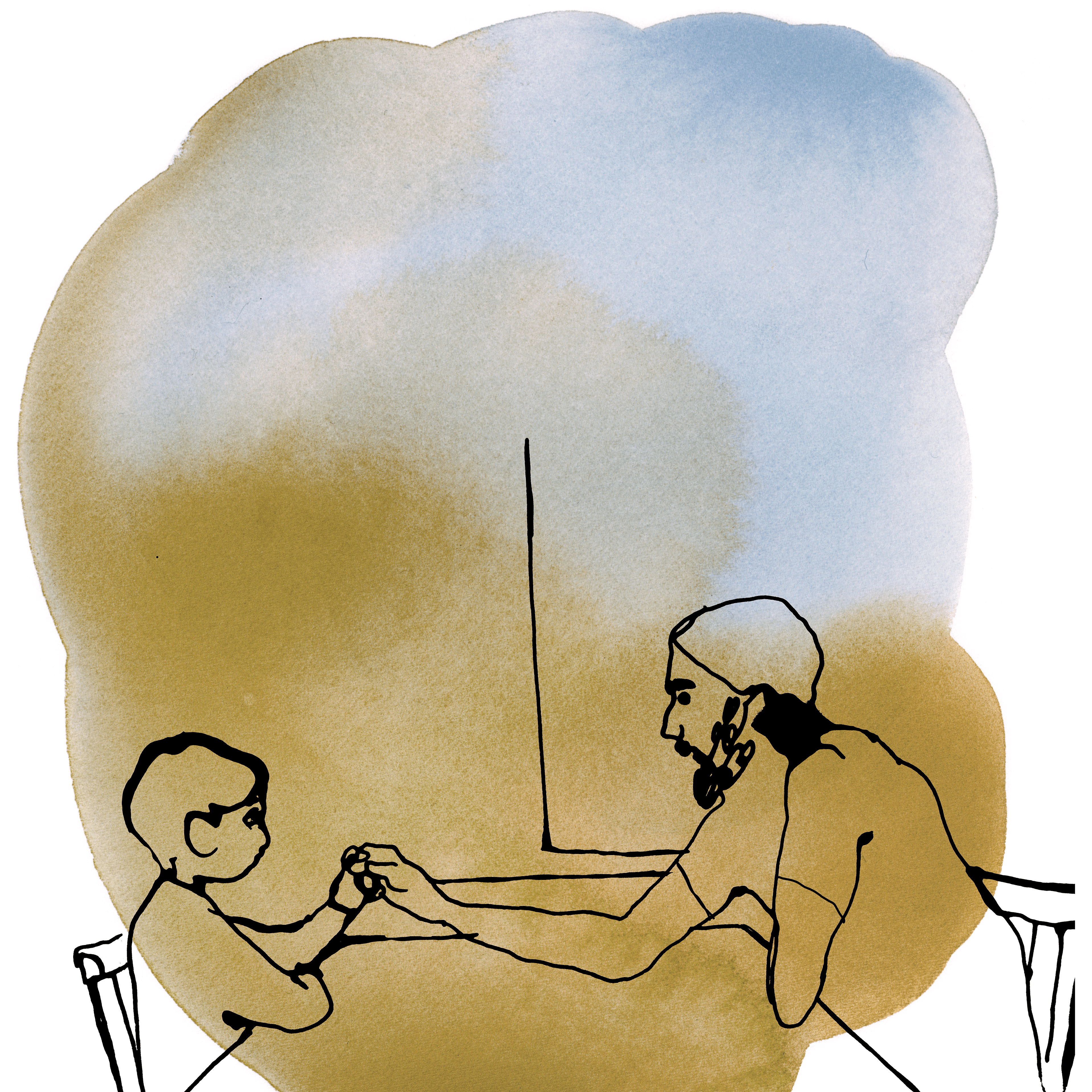En man och ett barn som sitter vid ett bord och håller handen.