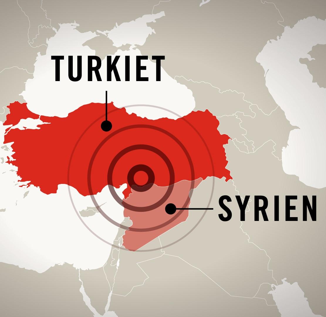 Karta över Turkiet och Syrien som visar platsen för skalvet.