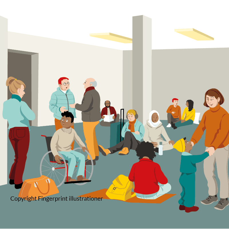 Illustration på personer som är i ett skyddsrum.
